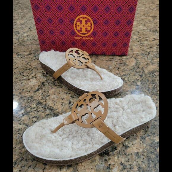 Tory Burch Shoes - Tory Burch Miller Cloud Shearling Leather Sandal Thongs Shoe Carmel 10 New $268